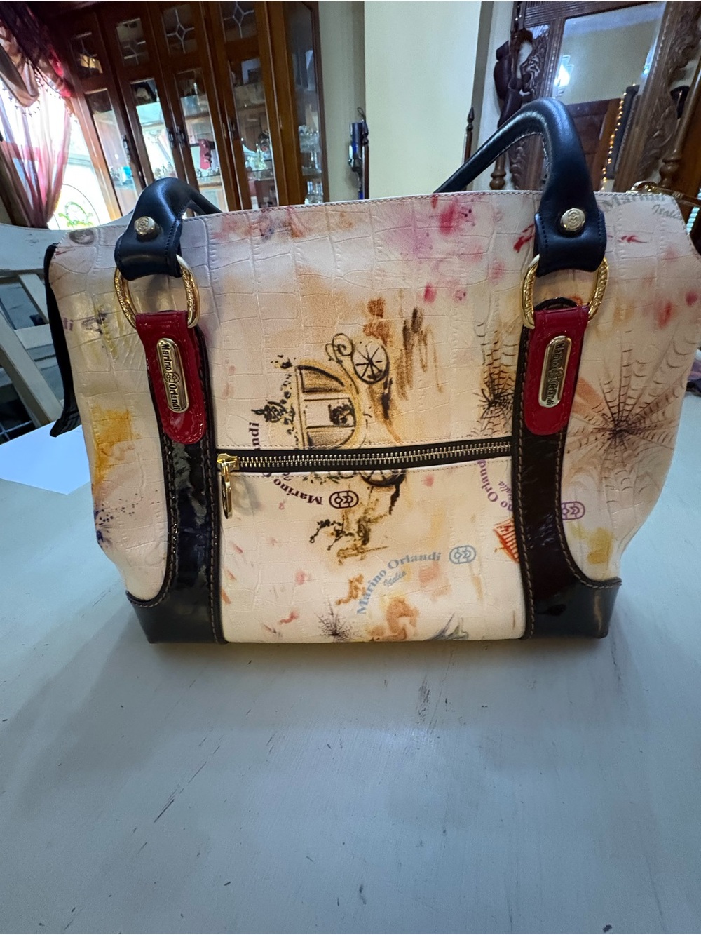 Marino Orlandi Italian designer Cinderella beige croc embossed leather satchel.